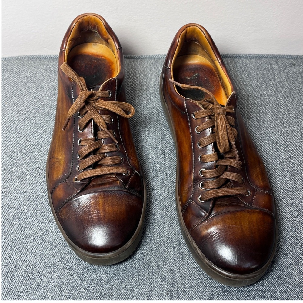 Magnanni Mens Cognac Brown Hand Burnished Leather Low Top Sneakers Size 10.5 M